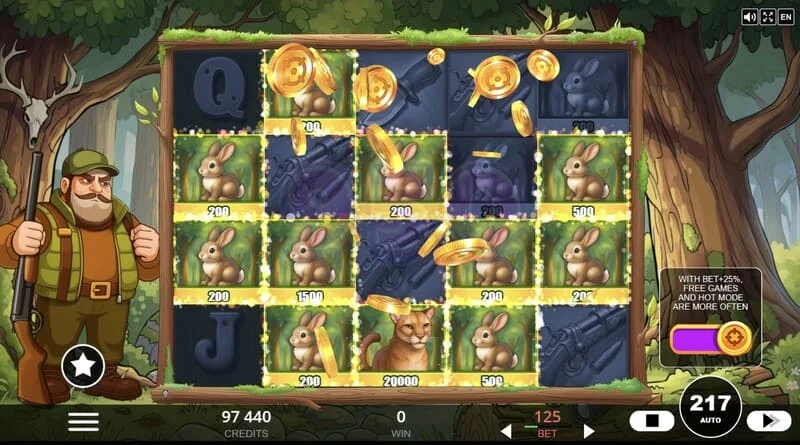 Hunt the Bucks - Hunter-Wild, Scatter ja Animal Credit -erikoissymbolit ruudukolla